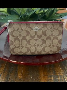 Coach Brown Signature Canvas Wristlet with Pink Trim